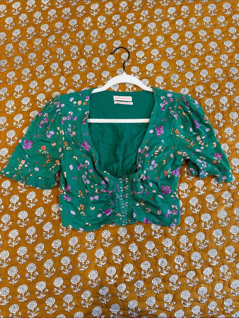 Urban Outfitters Green Floral Hook-Front Puff Sleeve Blouse